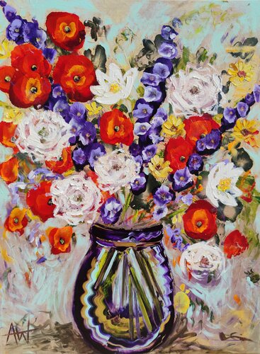 Poppies in a Deep Blue Vase – Vibrant Original Floral Oil Painting di Angie Wright, Pittura in vendita su Singulart