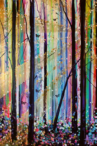 Golden Dawn - Forest Landscape with Golden Sunlight par Angie Wright, Peinture en vente sur Singulart