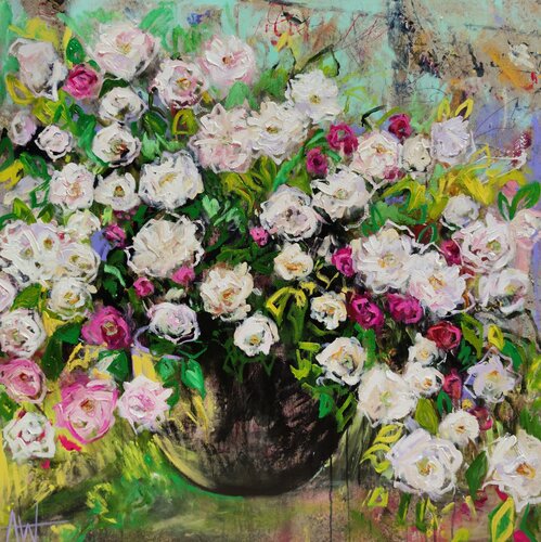 Summer Rose Cascade – Oil Painting of Pink and White Flowers in a Garden by Angie Wright, Painting for Sale on Singulart