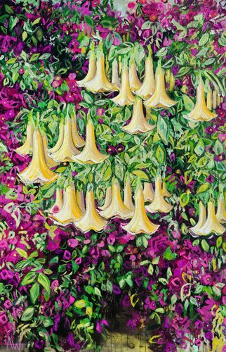 Bellflowers and Bougainvillea - Large Vibrant Floral Artwork by Angie Wright, Painting for Sale on Singulart