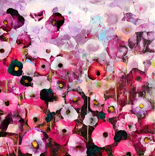 Crimson Blooms – Expressive Abstract Floral Landscape di Angie Wright, Pittura in vendita su Singulart