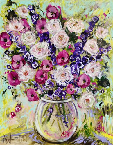 Sunlit Blooms - Vibrant Flowers in a Vase di Angie Wright, Pittura in vendita su Singulart