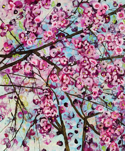 Sakura Kiss - Springtime Pink Cherry Blossom by Angie Wright, 회화 for Sale on Singulart