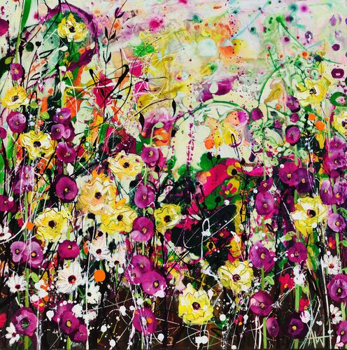 Lemon Sugarr Pop - Abstract Floral Landscape Inspired by Jackson Pollock by Angie Wright, Painting for Sale on Singulart