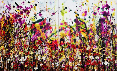 Buttercup Bloomrush - Abstract Floral Landscape inspired by Jackson Pollock van Angie Wright, Schilderij te koop op Singulart