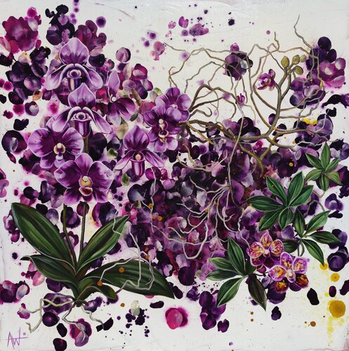 Mauvine - Orchids in Purple by Angie Wright, 회화 for Sale on Singulart