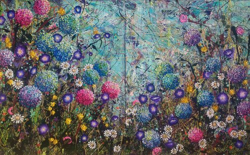 The Hydrangea Patch - Large artwork Diptych di Angie Wright, Pittura in vendita su Singulart