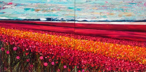 The Flower Fields -  Large Artwork on Two Panels di Angie Wright, Pittura in vendita su Singulart