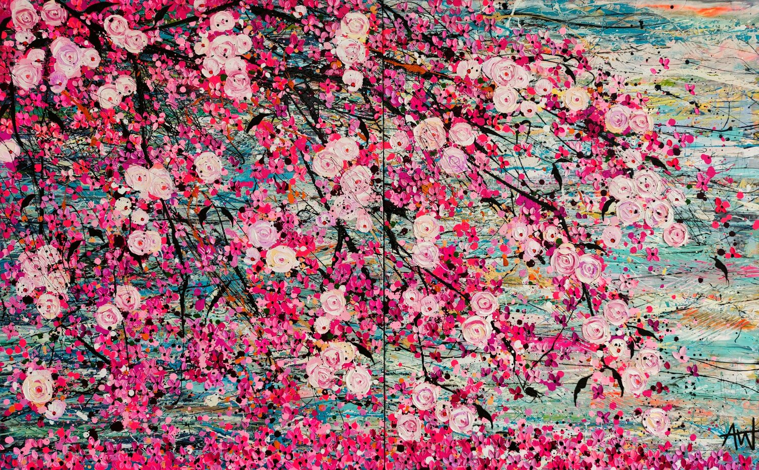 Cherry Blossoms on water - Large painting (Diptych) Angie Wright