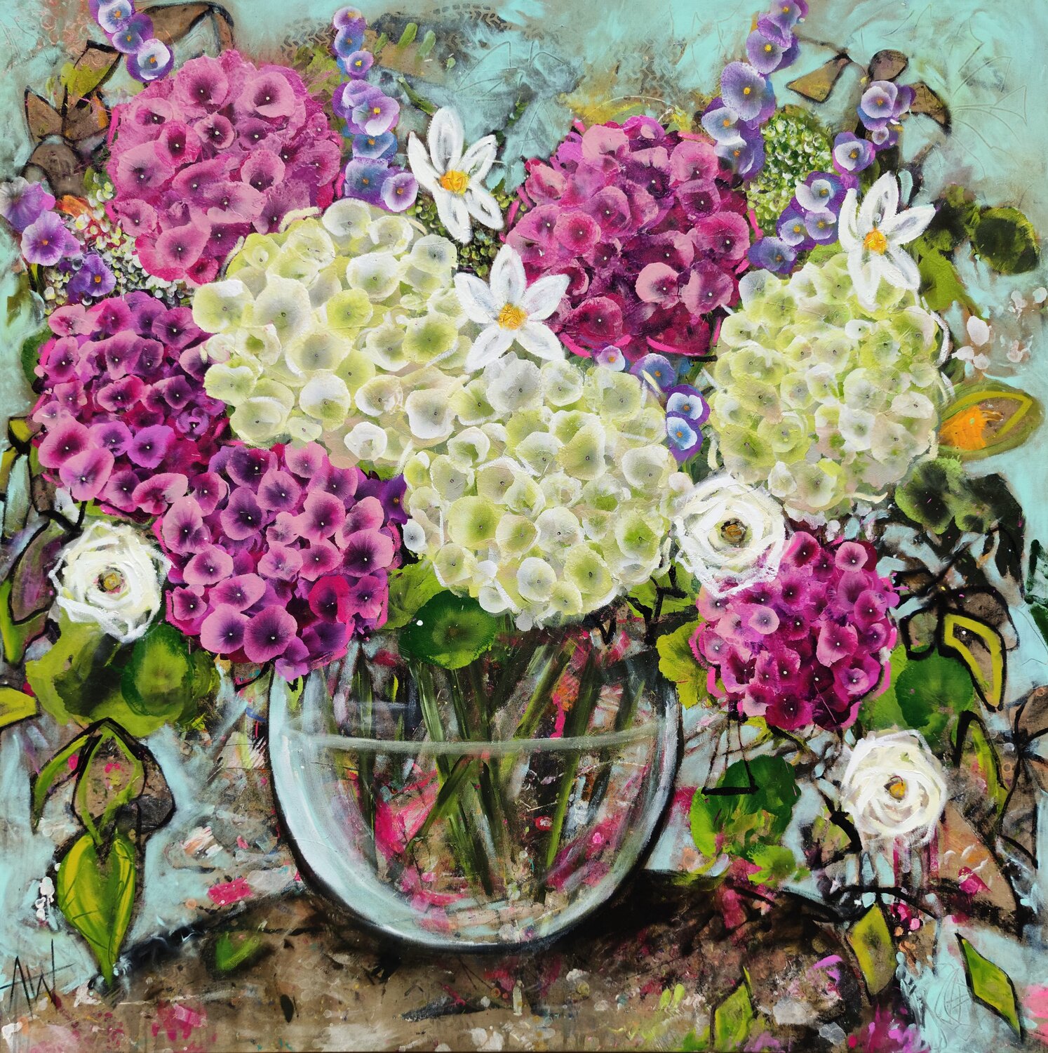 Pink and White Hydrangea Blooms Angie Wright Original painting for sale
