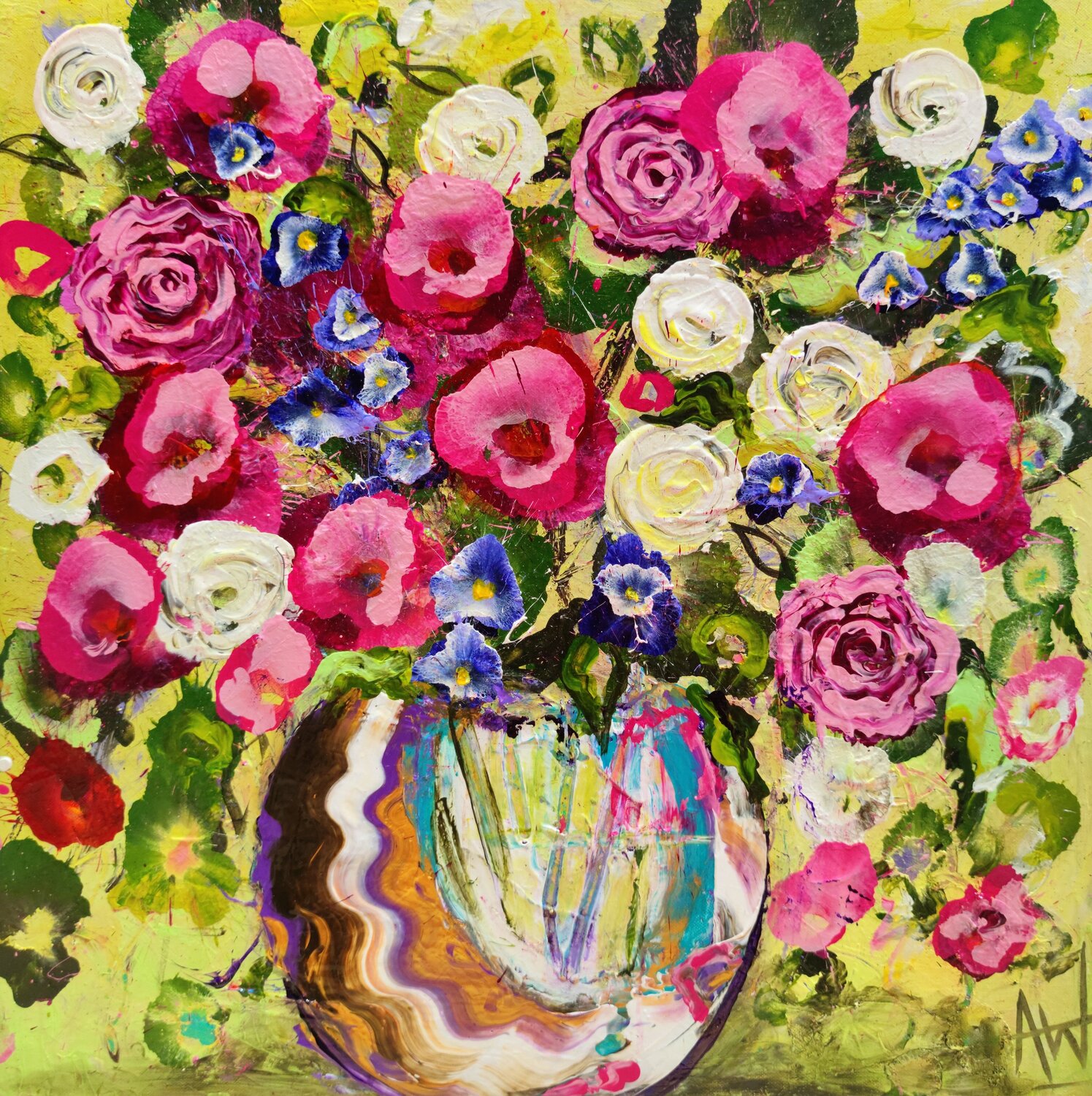 Lazy Morning Roses - Pink Flowers in a vase Angie Wright Originalgemälde zu verkaufen