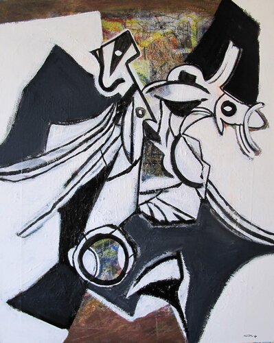 Personnage volant dans une robe noire di Guillaume Defins, Pittura in vendita su Singulart