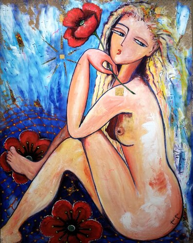 Nu aux coquelicots di Mahé Ros, Pittura in vendita su Singulart