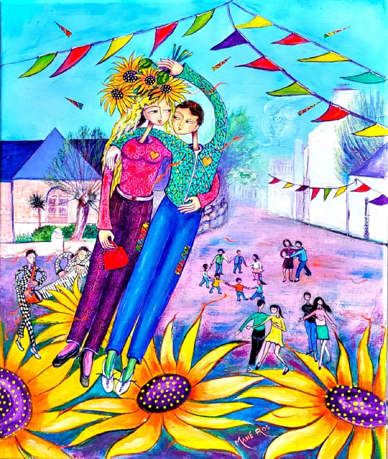 Fête au village Mahé Ros Originalgemälde zu verkaufen
