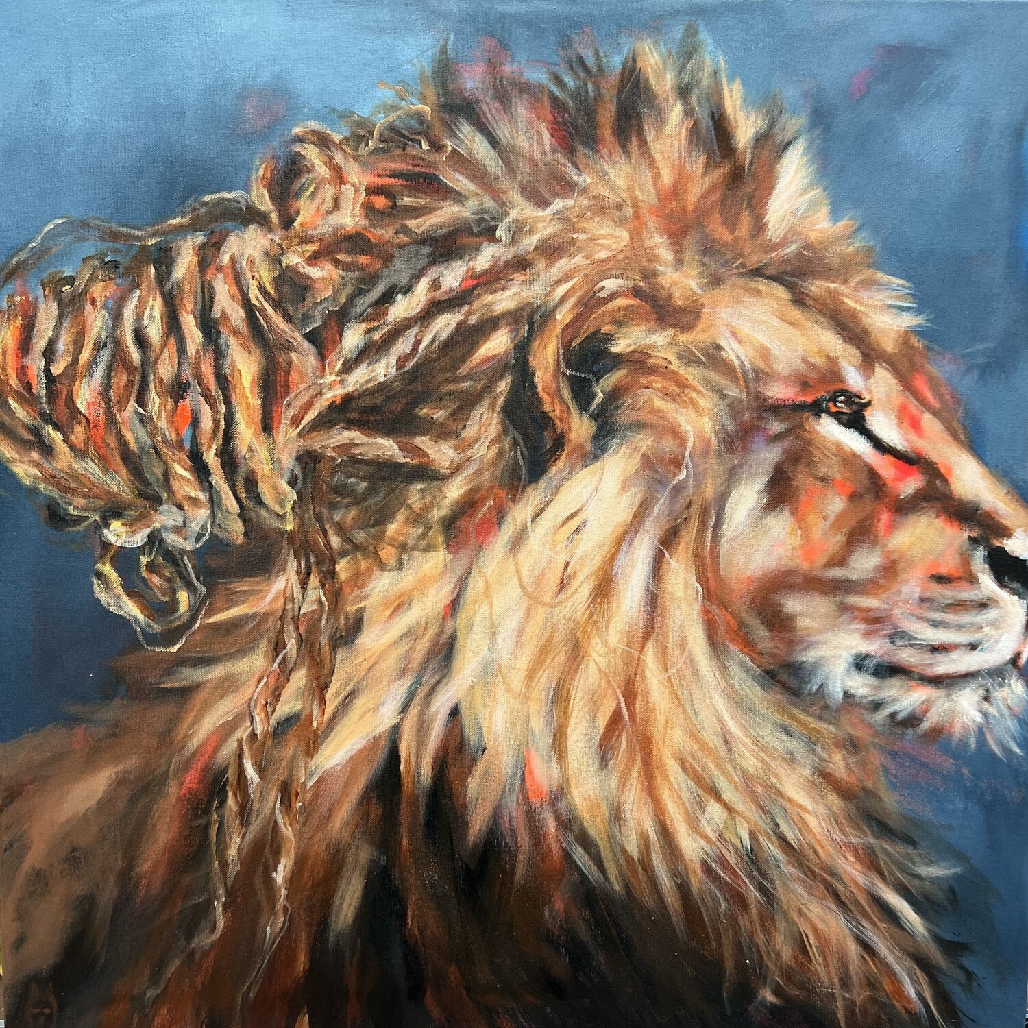 "Bad hair day" (Lion) Anjuta Schneider Originalgemälde zu verkaufen