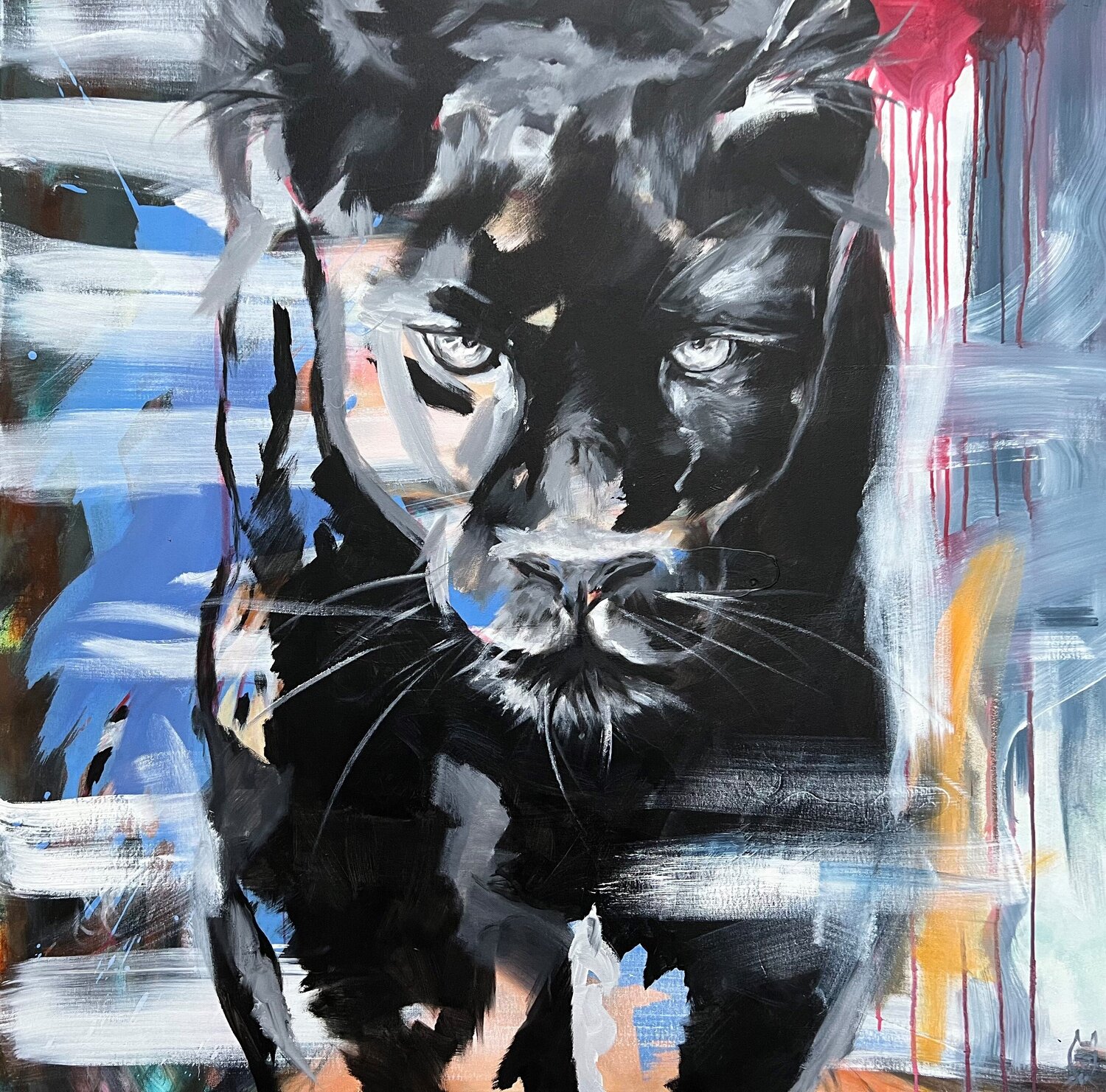 Black panther on the finishing line Anjuta Schneider Originalgemälde zu verkaufen