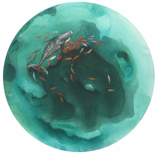 Balena con sciame al seguito su fondo verde smeraldo van Valeria Pesce, Schilderij te koop op Singulart