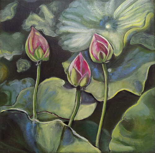 Lotus on green van Valeria Pesce, Schilderij te koop op Singulart