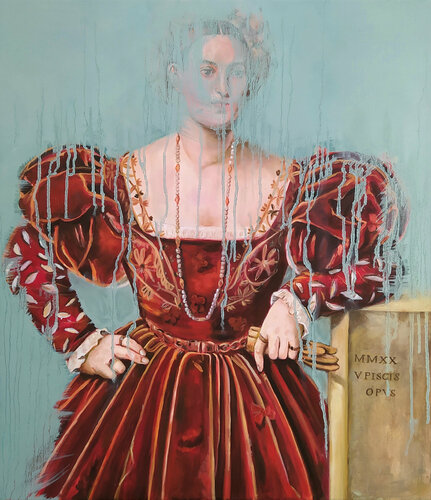 Lady in Burgundy dress (Fashion Victim nº3) van Valeria Pesce, Schilderij te koop op Singulart