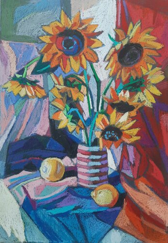 Still life with lemons and sunflowers par Maja Đokić Mihajlović, Œuvre sur papier en vente sur Singulart