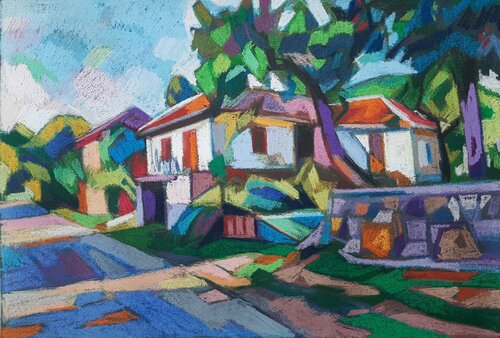 Summer day in a village street van Maja Đokić Mihajlović, Tekening te koop op Singulart