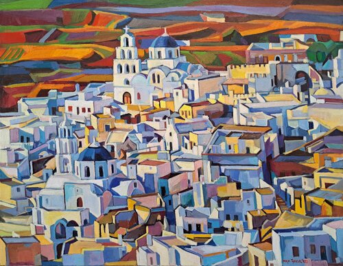 Santorini (Pyrgos) van Maja Đokić Mihajlović, Schilderij te koop op Singulart