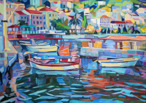White boats in the port van Maja Đokić Mihajlović, Schilderij te koop op Singulart