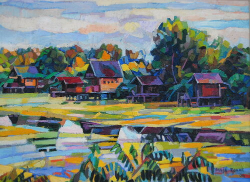 Cottages on water par Maja Đokić Mihajlović, Peinture en vente sur Singulart