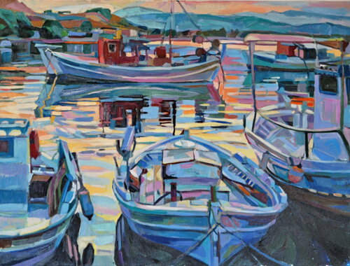 Fishing boats in sunset par Maja Đokić Mihajlović, Peinture en vente sur Singulart