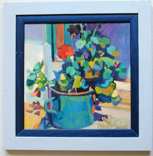 Geraniums in a blue pot di Maja Đokić Mihajlović, Pittura in vendita su Singulart
