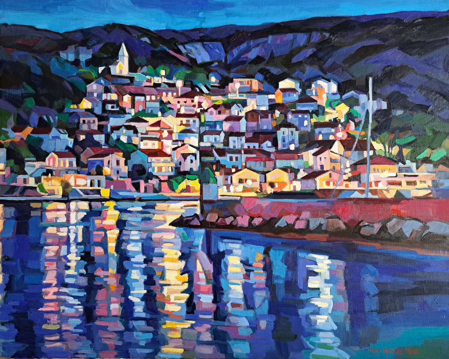 Night in Jelsa Maja Đokić Mihajlović Dipinto originale in vendita