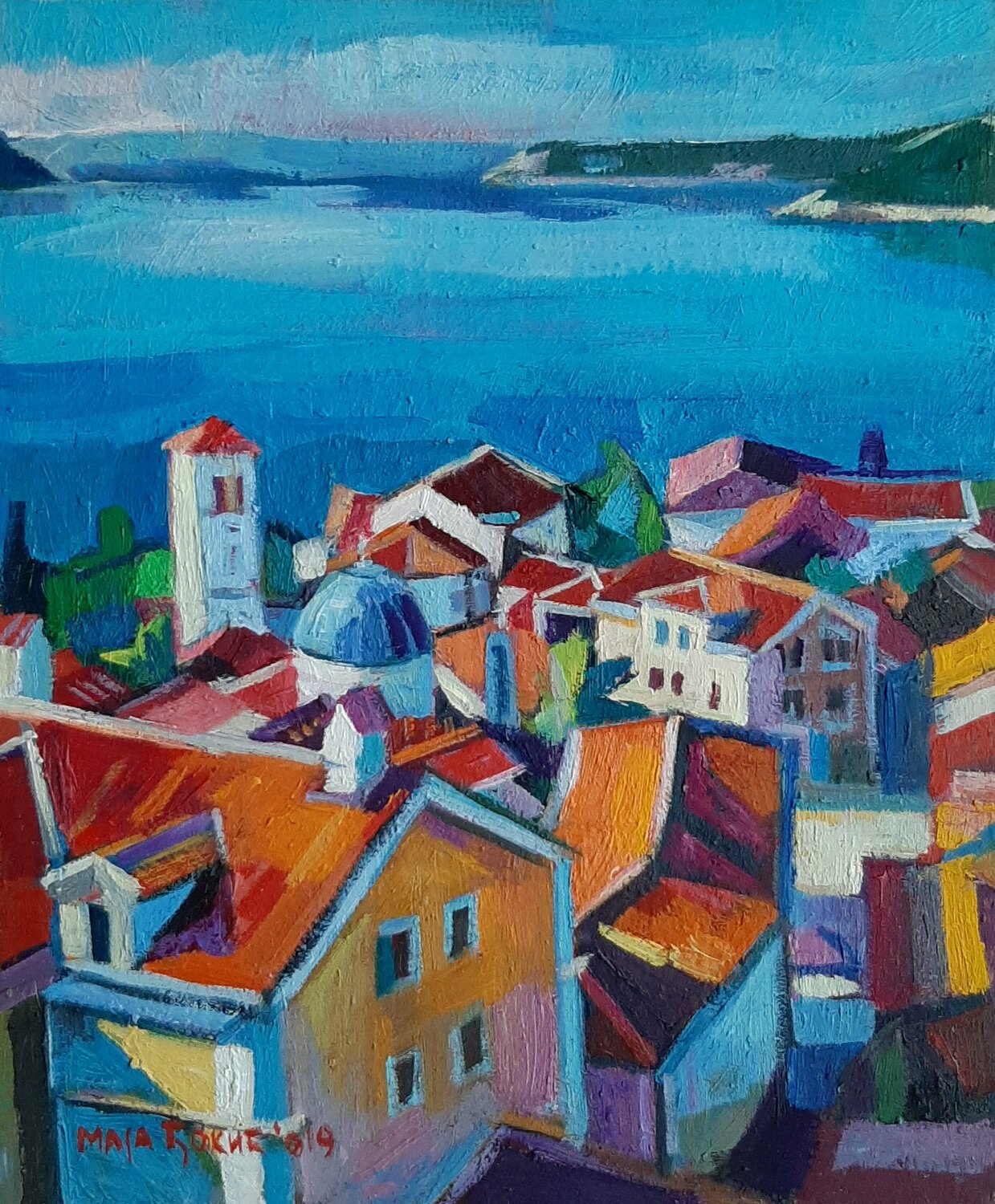 Mediterranean city Maja Đokić Mihajlović Dipinto originale in vendita