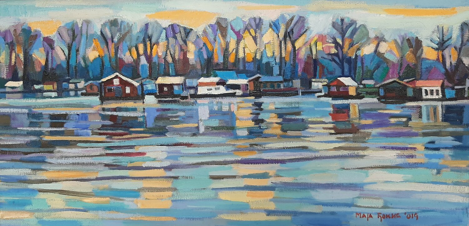 Winter day on the river Maja Đokić Mihajlović Dipinto originale in vendita