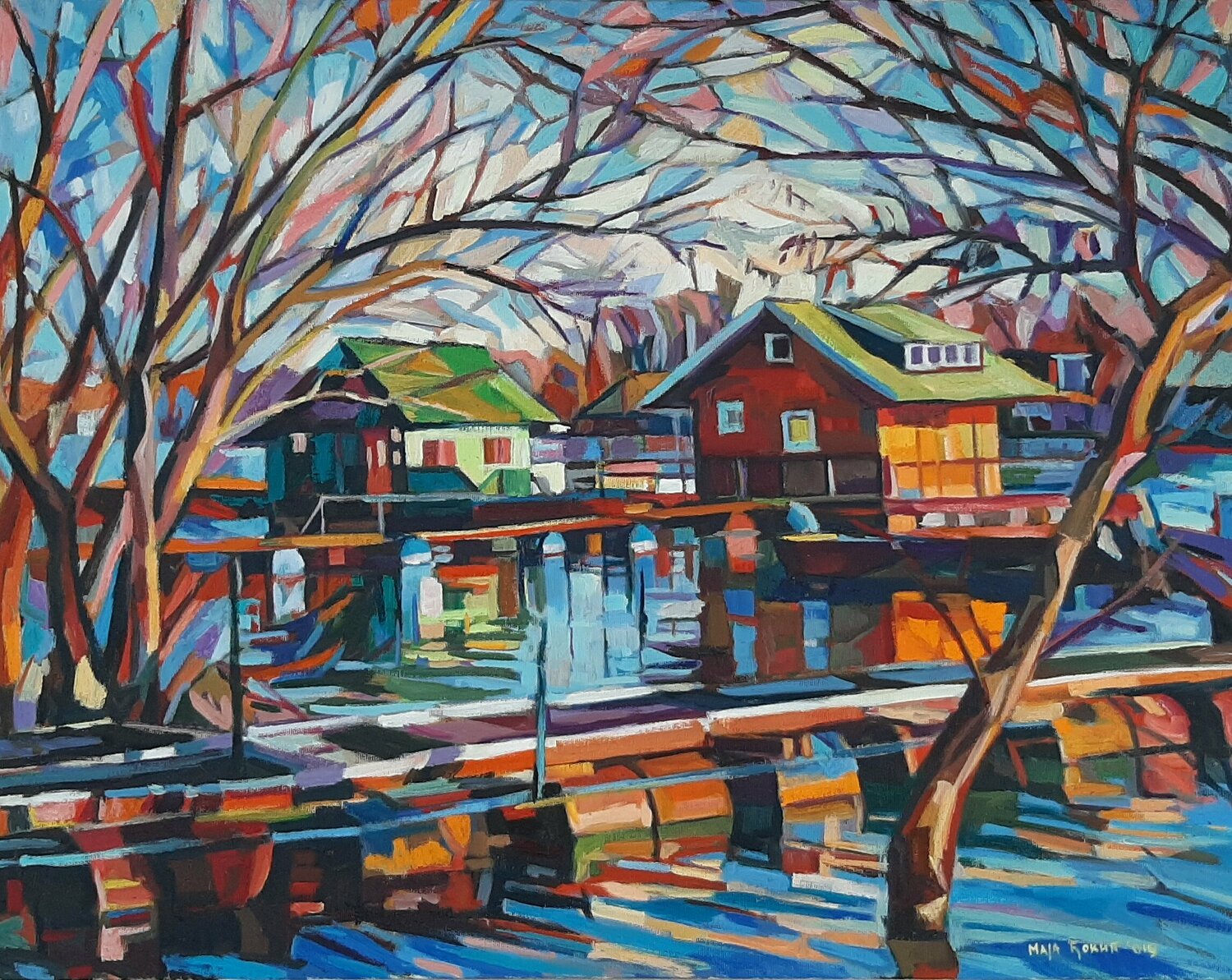 Cottages on the river Maja Đokić Mihajlović Dipinto originale in vendita