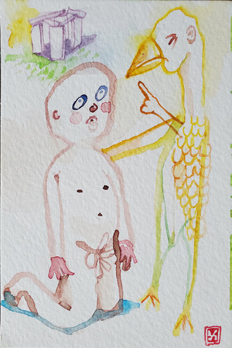 Boy admonished by chicken for having impure thoughts about Stonehenge di Shelton Walsmith, Opera su carta in vendita su Singulart