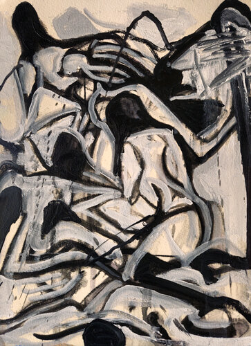 She Posits Eternal Questions Alone Tangled in Her Striped Bedsheets di Shelton Walsmith, Pittura in vendita su Singulart