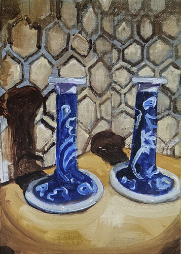 Menagerie Glass + Brass; Blue Candlestix van Shelton Walsmith, Schilderij te koop op Singulart