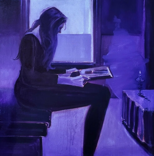 Tall Reader in a Quiet Violet Interior van Shelton Walsmith, Schilderij te koop op Singulart