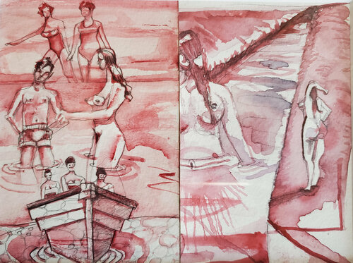 Bathers; Disjointed Narrative (Crimson Crimp) di Shelton Walsmith, Opera su carta in vendita su Singulart
