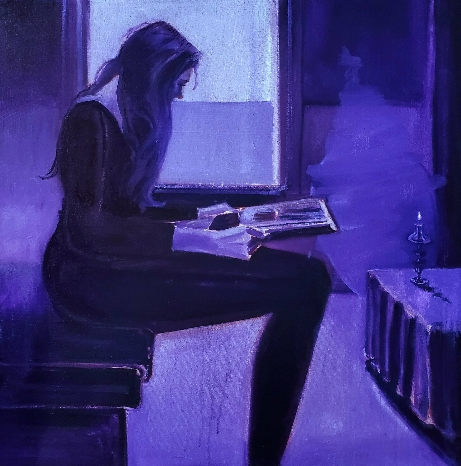 Tall Reader in a Quiet Violet Interior Shelton Walsmith