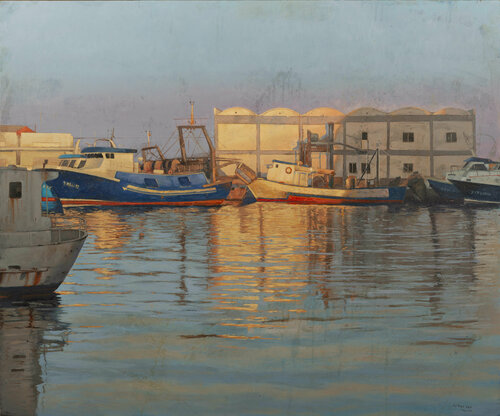 Puesta de sol en un puerto von Juan Manuel Alvarez Cebrián, Malerei kaufen auf Singulart