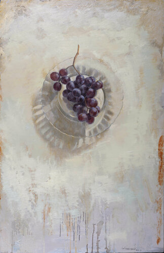 Uvas rojas en plato de cristal. de Juan Manuel Alvarez Cebrián, Pintura a la venta en Singulart