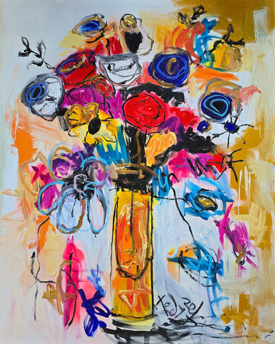 Symphony of Disarray_ Golden Vase Vibrance di Tadas Zaicikas, Pittura in vendita su Singulart