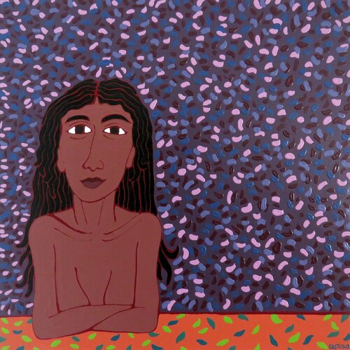 At the table XIX - Shades of purple di Hugo Castilho, Pittura in vendita su Singulart