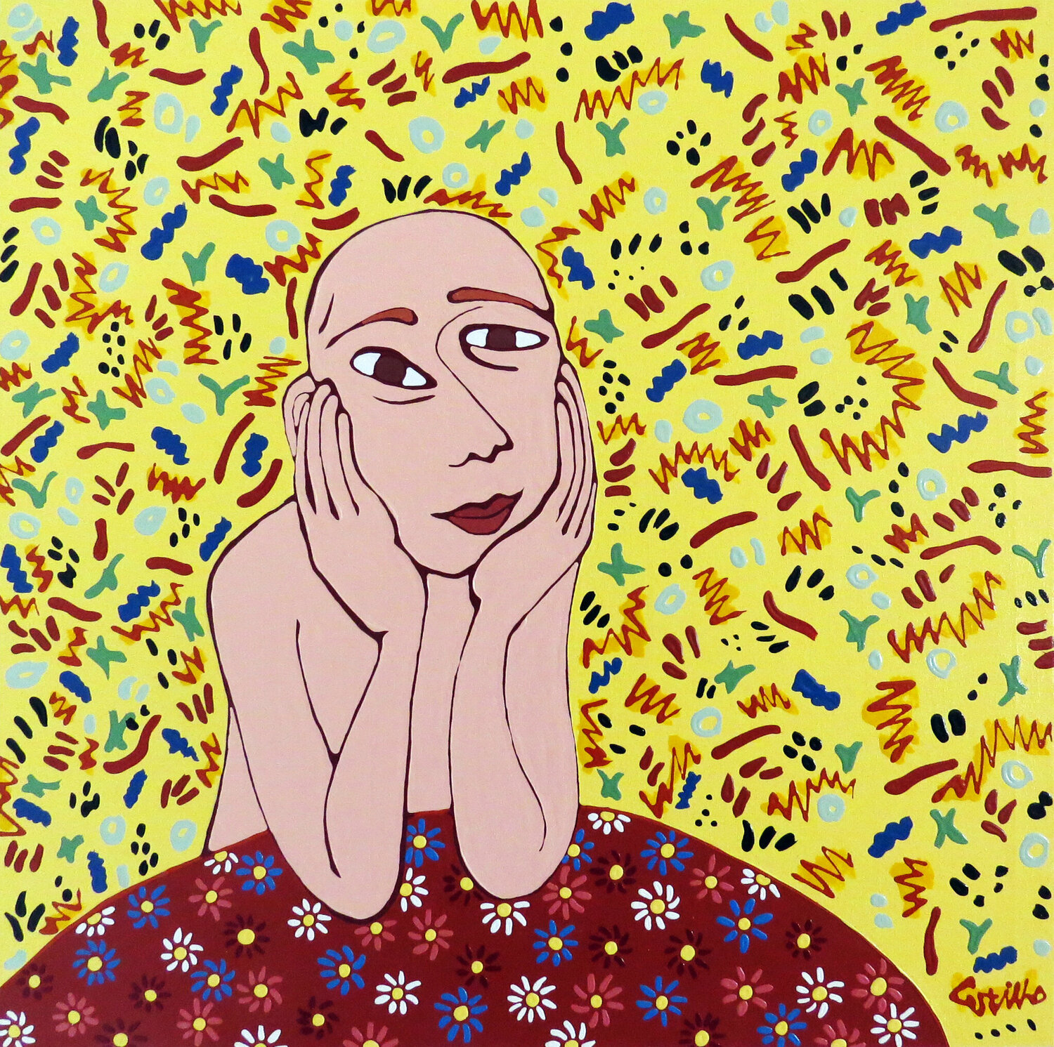 At the table XX - Bald woman Hugo Castilho Originalgemälde zu verkaufen