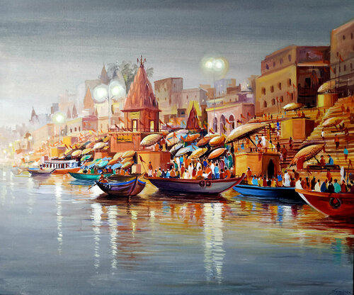 Evening Varanasi Ghats par Samiran Sarkar, Peinture en vente sur Singulart