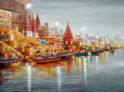 Evening Varanasi Ghats II by Samiran Sarkar, Painting for Sale on Singulart