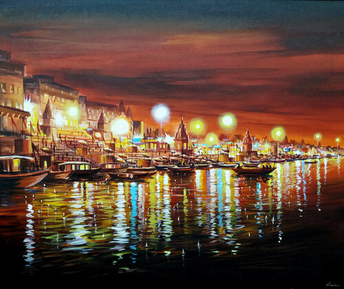 Cloudy Night Varanasi Ghats von Samiran Sarkar, Malerei kaufen auf Singulart