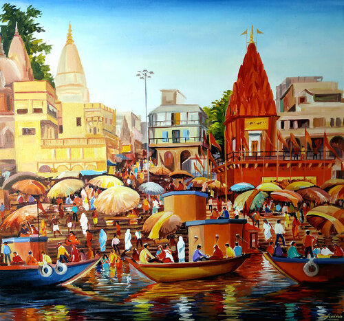 Colorful Morning Varanasi Ghat di Samiran Sarkar, Pittura in vendita su Singulart
