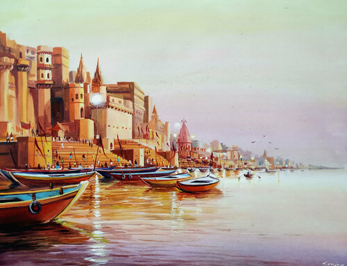 Early Morning Varanasi Ghats by Samiran Sarkar, 회화 for Sale on Singulart